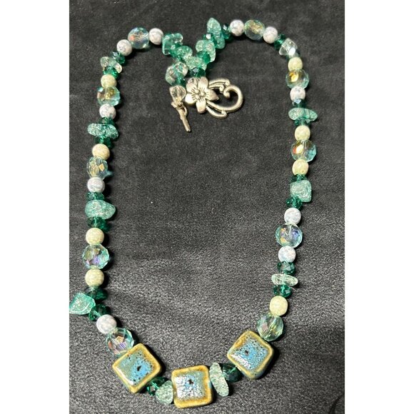 Hand-crafted Artisan Green Glass and Pottery Bead Necklace 24" Long - Picture 1 of 9